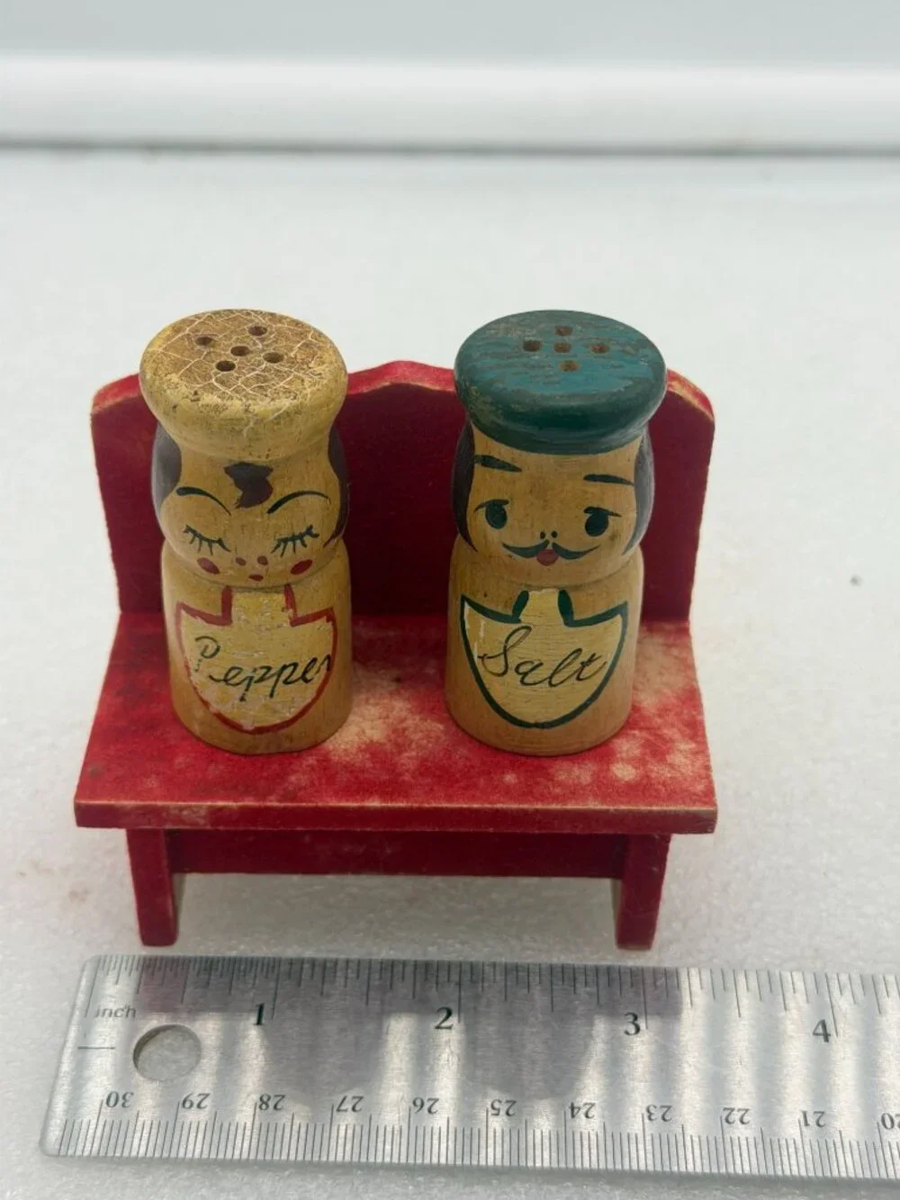 Vintage Wood Peg Chef Salt and Pepper Shakers and Red Bench Holder Japan